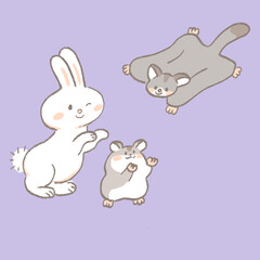薄紫色の背景にウインクしている白いうさぎとモモンガ、ハムスター