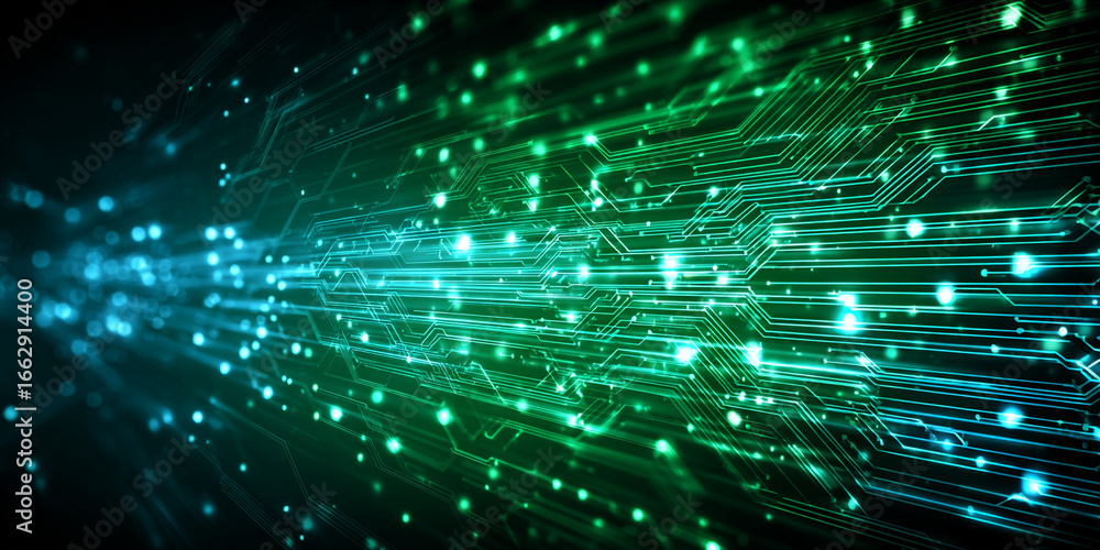 Poster glowing circuit board lines and bokeh lights abstract technology