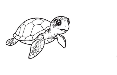 Cute Baby Sea Turtle Cartoon, Line Art Vector Illustration for Coloring Book Page