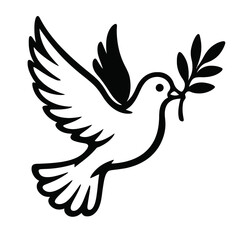 Obraz premium A serene black and white illustration of a dove in flight, carrying an olive branch in its beak, symbolizing peace.