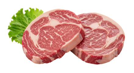 Raw beef steaks with lettuce, white background isolated