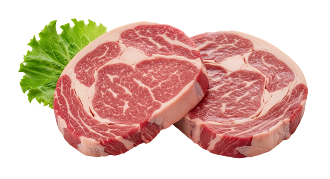 Raw beef steaks with lettuce, white background isolated