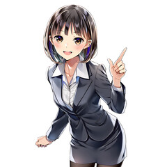 指差しをする黒スーツのビジネスウーマン（漫画・アニメ調）