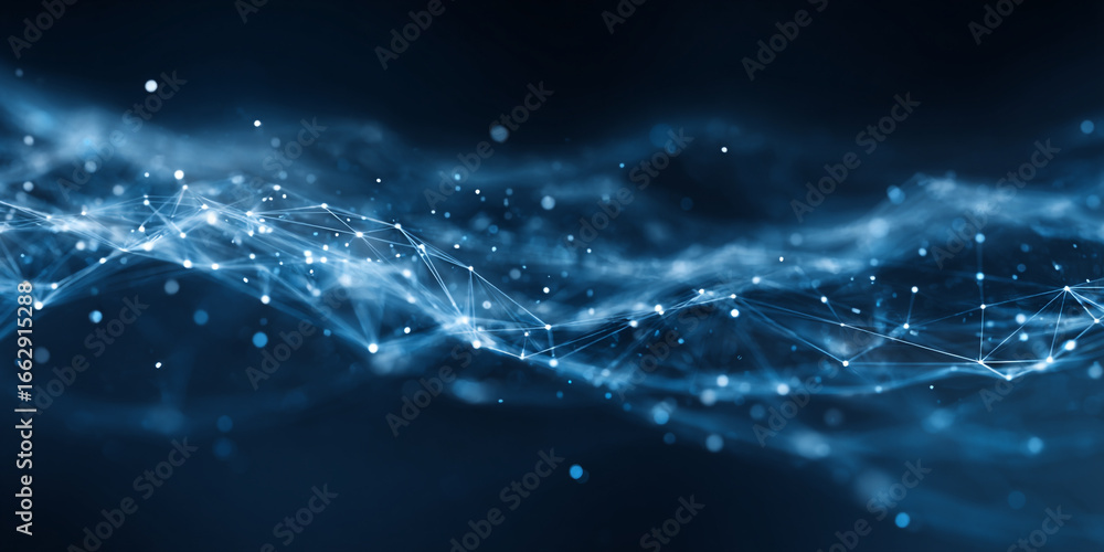 Poster glowing interconnected nodes and lines forming abstract wave patterns background blue