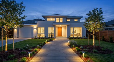 Modern house exterior at dusk with lit pathway leading to the front door, flanked by trees and manicured lawn.