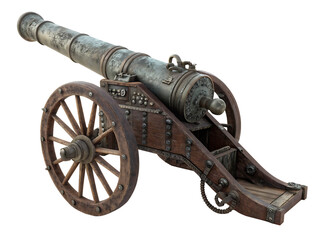 Antique bronze cannon with wooden wheels and metal accents artillery weapon isolated on a transparent background