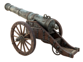 Antique bronze cannon with wooden wheels and metal accents artillery weapon isolated on a transparent background