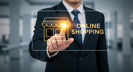 A businessman activating a holographic interface for online shopping and e-commerce.

