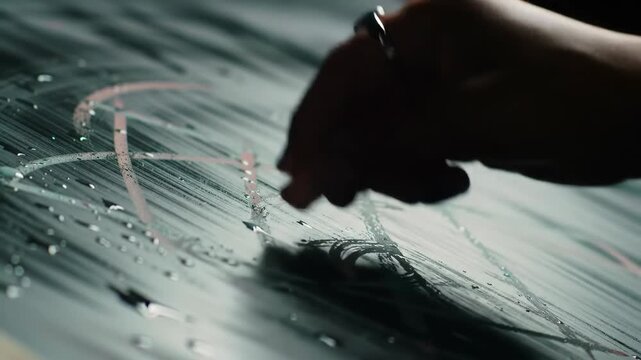 Hand Tracing on Frosted Surface with Drawn Lines & Water Droplets - Powered by Adobe