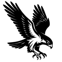 Obraz premium A dynamic black and white illustration of a hawk in mid-flight, wings spread as it swoops down, showcasing its keen eyes and talons.
