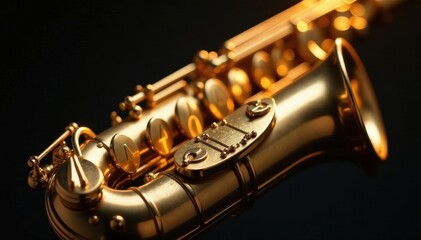 Obraz premium Rich golden alto sax; intricate keywork gleams Luxury musical instrument , close up photography, macro photography