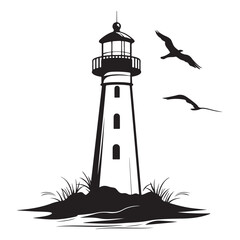 black silhouette of lighthouse on rocky coast with seagulls flying around, clean composition, simple vector lines on white background 