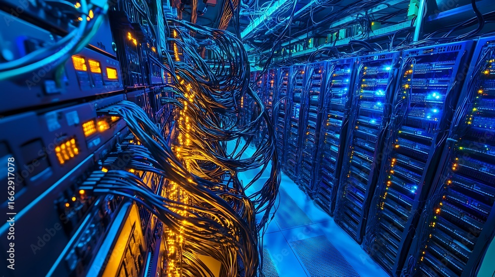 Poster a view of server racks with cables in a data center environment