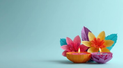 Origami Oil Lamp with Floral Decorations for Diwali Festival