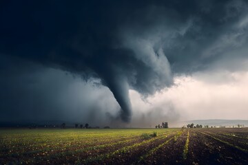 Dramatic tornado forming over a lush green field, with dark storm clouds gathering in the background