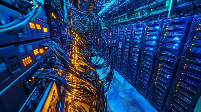 A view of server racks with cables in a data center environment - Powered by Adobe