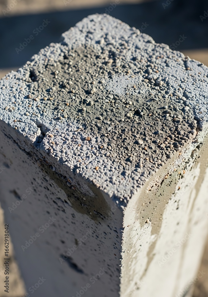 Poster close-up on a singular concrete block with rough textured surface and angular edges displaying const