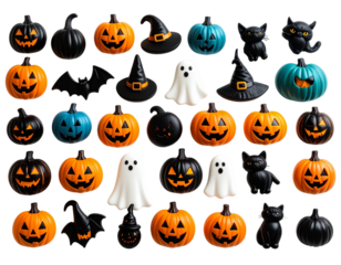 Halloween background with cute little cat, pumpkin, cute little ghost on white background.