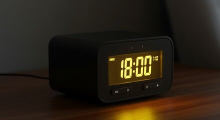 Modern Black Digital Alarm Clock on Wood Nightstand Shows 18:00