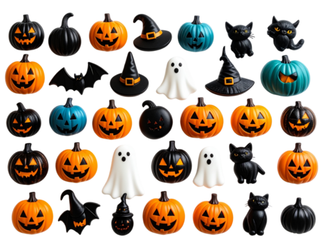Halloween background with cute little cat, pumpkin, cute little ghost on white background.