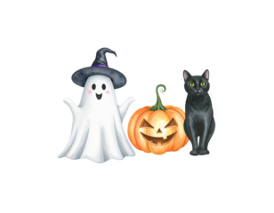 Halloween background with cute little cat, pumpkin, cute little ghost on white background.