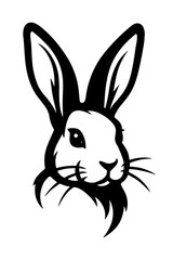Obraz premium Friendly black and white graphic of a rabbit's head, featuring long ears, alert eyes, and prominent whiskers. A charming illustration for various uses.