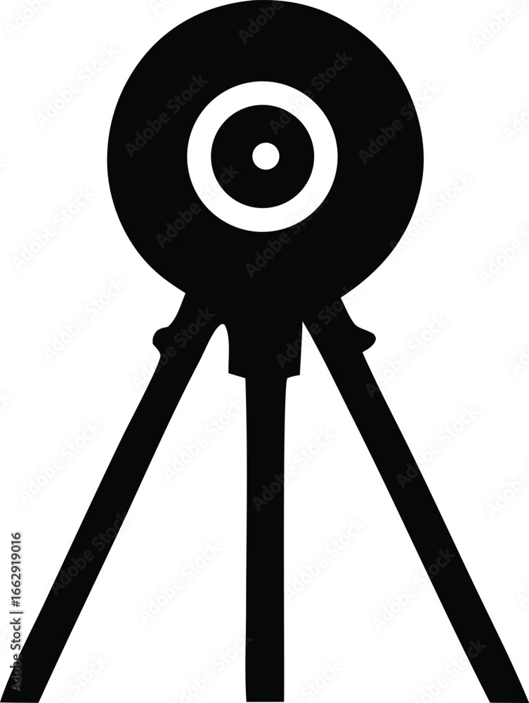 Poster simple black icon of a webcam mounted on a tripod with a target-like lens element for digital commun