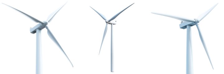 Set of modern wind turbines isolated on transparent background PNG