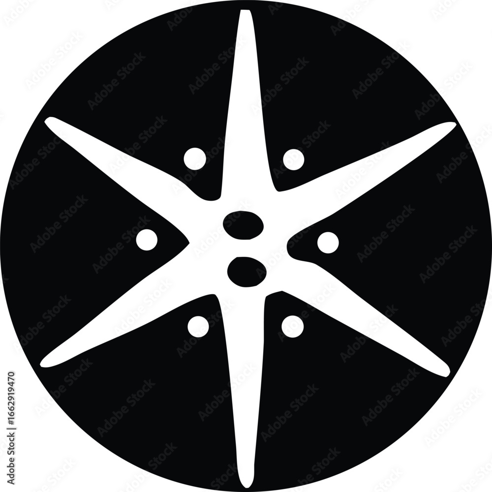 Poster stylized six-pointed star emblem with inner dots and circles within a black circle symbolizing harmo