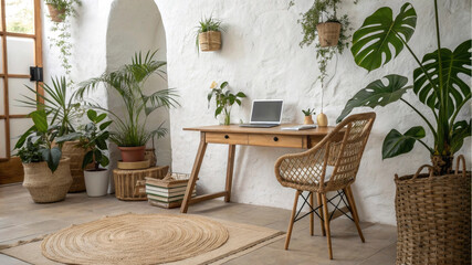 A stylish workspace features a wooden desk and a comfortable chair, surrounded by vibrant indoor plants. Natural light fills the room, creating a serene atmosphere