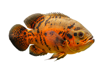 Close-up of a single Oscar fish against a white background isolated on transparent background