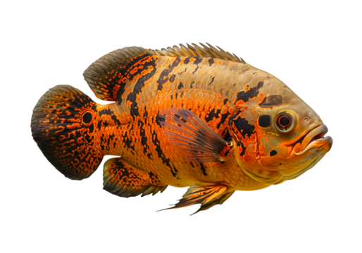 Close-up of a single Oscar fish against a white background isolated on transparent background