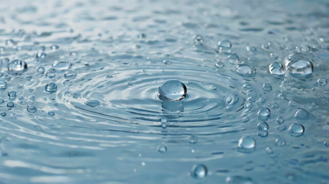 Soft water surface showcases the seamless texture of water drops, each creating gentle ripples. The serene atmosphere highlights reflections, capturing tranquility and beauty
