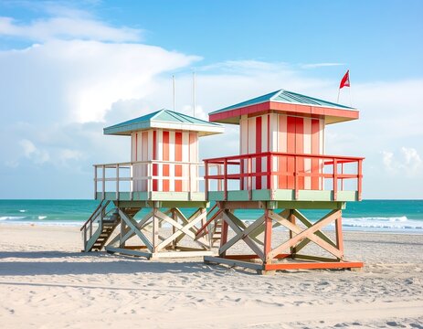 Two colorful lifeguard stands on a sandy beach under a partly cloudy sky - Powered by Adobe