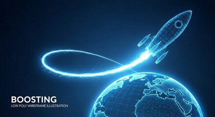 Digital Rocket Launching into Orbit Around the Earth with Glowing Trajectory