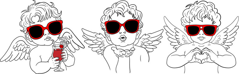 set of three funny cupid characters with red sunglasses vector illustration for valentine's day love hearts and romance holiday design