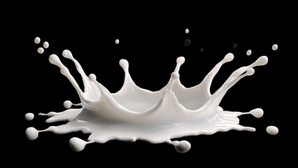 Milk splashing and pure dairy fluid swirl. White liquid and natural freshness on black background. Isolated beverage product