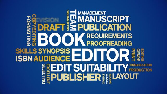 Book Editor animated word cloud-text design animation tag kinetic typography seamless loop.