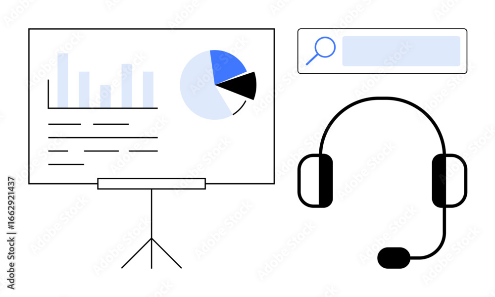 Poster data chart with bar graph and pie chart on screen, magnifying glass in search bar, and communication