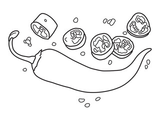 Hand Line drawing of hot chili peppers and chili slices isolated on white background. vector illustration