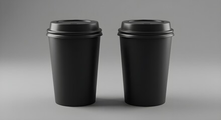 Two black coffee cups with lids on a gray background mockup