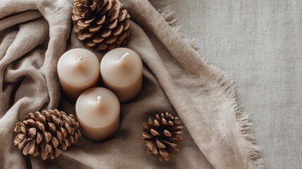 Cozy Christmas Candles and Pinecones Flatlay