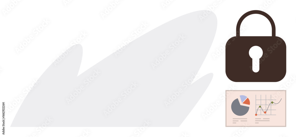 Poster lock icon representing security placed next to a data chart with graphs and pie visuals. ideal for c