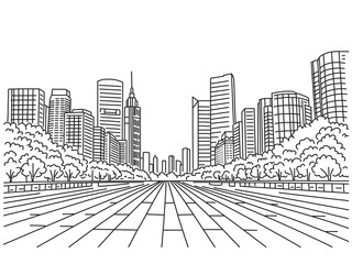 Hand line drawing of monochrome urban landscape.City skyscrapers and buildings. Cityscape with office buildings, trees.The concept of a modern environmentally friendly city.Vector illustration.