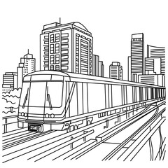 Hand line drawing of a Skytrain in Bangkok Thailand ,Surrounded by buildings,BTS Sky train of modern city in background ,Public transport system in Bangkok,Transportation concept,Vector Illustration