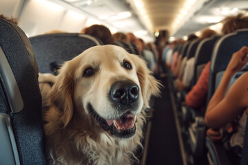 Golden retriever traveling inside airplane cabin