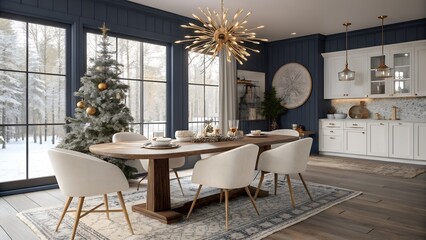 Bohemian Christmas dining room with oval reclaimed wood table and elegant holiday styling for Rocky Mountains homes