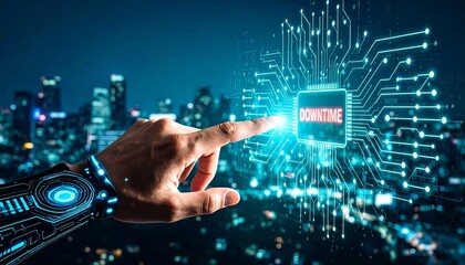 Futuristic hand interacting with a circuit board displaying the word downtime