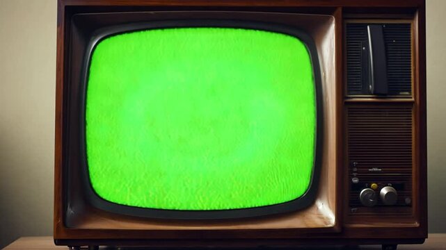 Vintage Television with green screen: This image shows a vintage television, its screen emitting a vibrant green. Its classic wooden exterior adds a touch of retro charm.