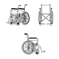 Wheelchair line drawing in black and white style with angled design and detailed frame, seat, and wheels,healthcare, disability support, medical services,Line hand drawn design vector illustration
